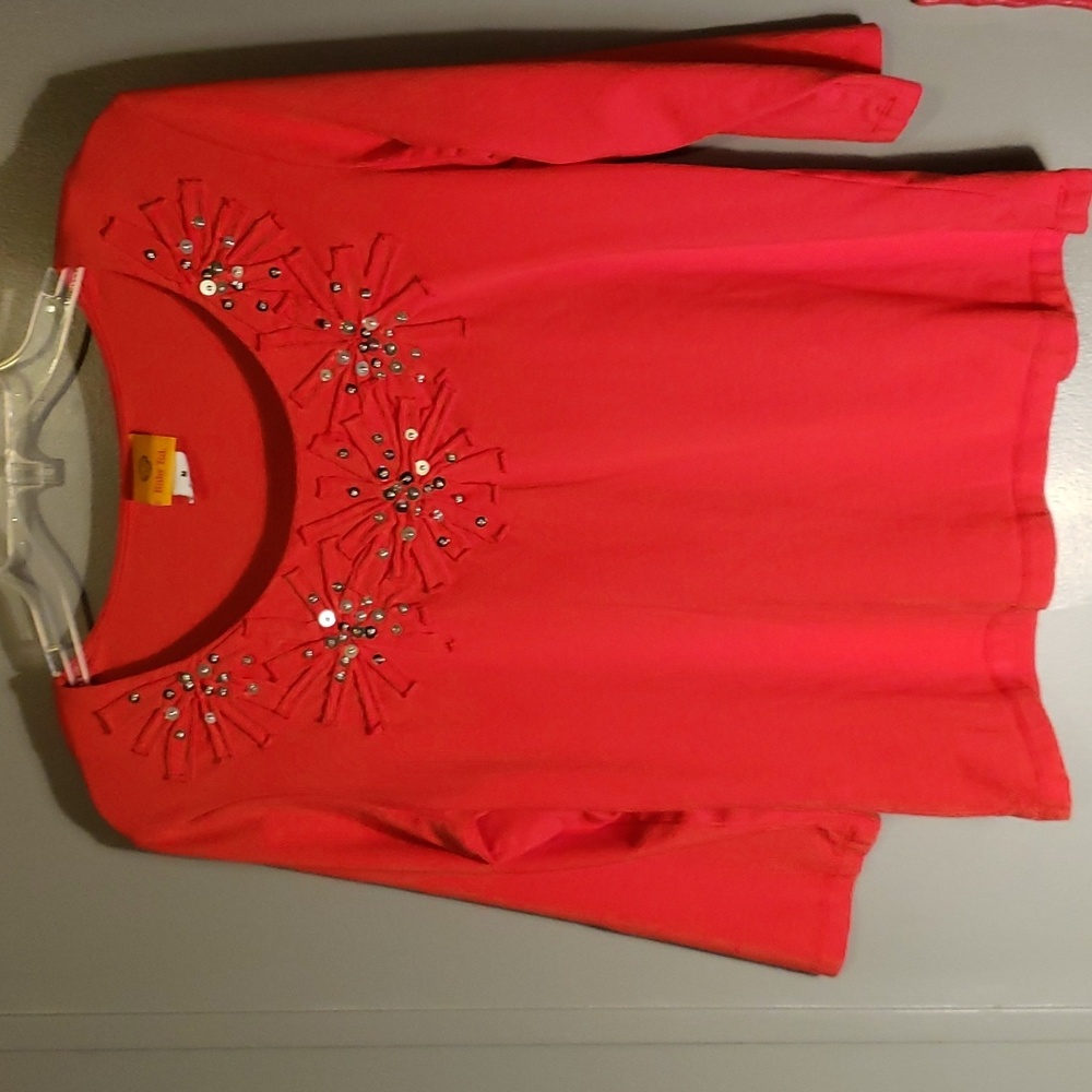 Ruby Rd Lady's 3/4 Sleeved Red Scoop Neck Shirt